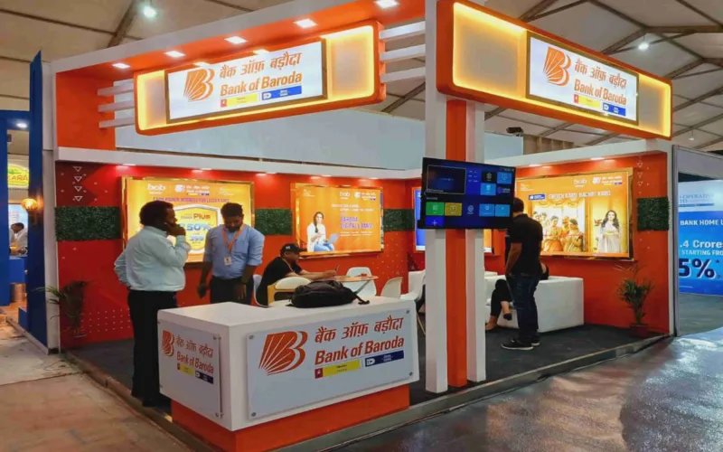 Double-decker exhibition stand fabrication for Bank of Baroda by Mixxture Events India.